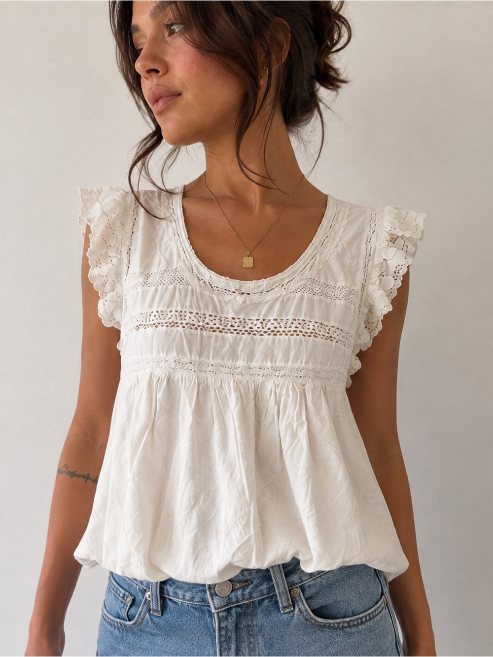 Aerie White Cream Lace Ruffle Babydoll Blouse Peasant Top Cottagecore Boho Y2K